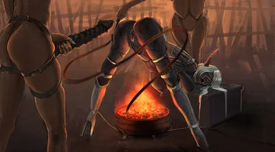 3girls, ankles chained - artwork by trainerjet